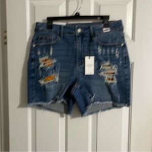 Judy Blue Distressed Blue Denim Women's Shorts with yellow flowers